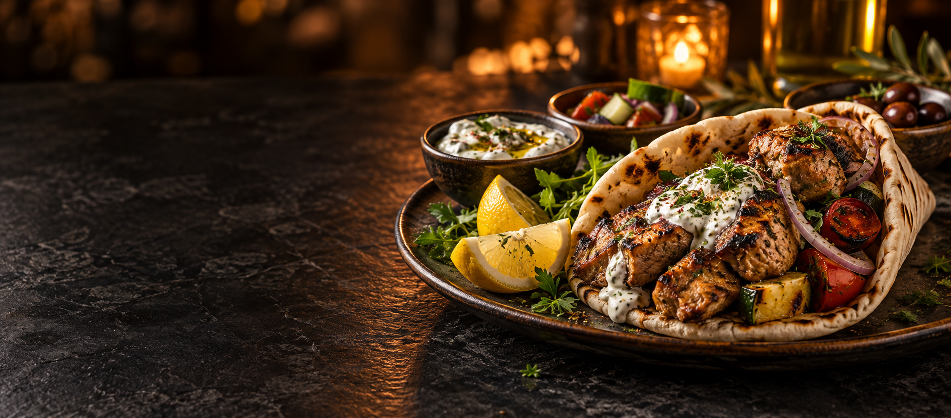 Preparat cu souvlaki și legume la grătar, într-o lumină caldă